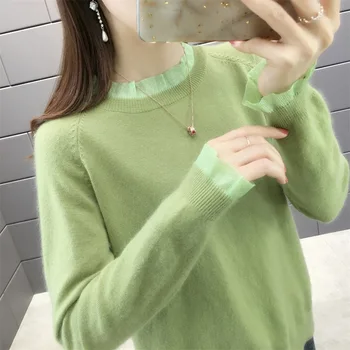 5636 (2. riadok 4. v Zhongfang) Jeseň šaty Nový štýl kolo golier čipky slim pletený sveter s ramene rukáv šaty 49
