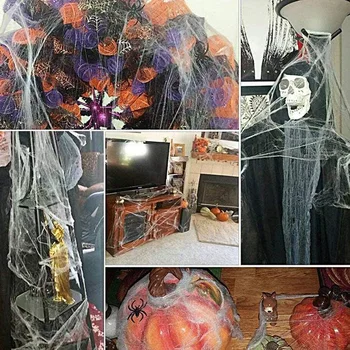 1000 Sqft Halloween Úsek pavučina s 100 Plastové Falošné Pavúky pre Indoor & Outdoor Halloween Dekorácie