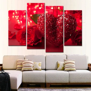 HD Tlač Maľovanie Modulárny Obrázky Domova Obývacia Izba 4 Panel Červené Ruže A Srdce Rámec Múr Umenia Plagátu Moderné Plátno