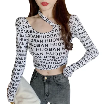 Jeseň Ženy List, Tlač Asymetrické Okolo T-Shirts Sexy Pupok Vystavení Dlhý Rukáv Bežné Tričko Topy 2020 Nové Prírastky