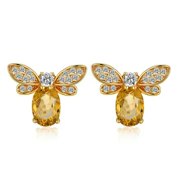 Móda včely tvar yellow crystal citrine kamene, diamanty stud náušnice pre ženy 14k zlata farba šperky brincos príslušenstvo