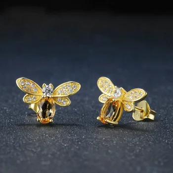 Móda včely tvar yellow crystal citrine kamene, diamanty stud náušnice pre ženy 14k zlata farba šperky brincos príslušenstvo