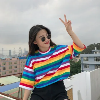 2020 lete nové dámske tričko Harajuku rainbow prúžok žena tričko fashion kórejská verzia dlhé-krátke rukávy Tričko