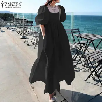 2021 Fashion Square Krku Prehrabať Šaty ZANZEA Letné Krátke Lístkového Rukáv Sundress Ženy Pevné Maxi Vestidos Ženské Šaty Plus Veľkosť