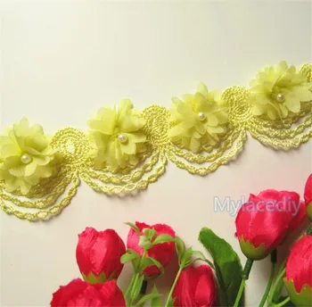 1yard Polyester Šifón Pearl Flower Vyšívané Textílie, Čipky Orezania pása s nástrojmi Ručné DIY Šitie Plavidlá Pre Kostým Klobúk Dekorácie