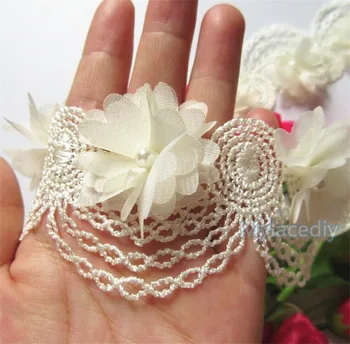 1yard Polyester Šifón Pearl Flower Vyšívané Textílie, Čipky Orezania pása s nástrojmi Ručné DIY Šitie Plavidlá Pre Kostým Klobúk Dekorácie