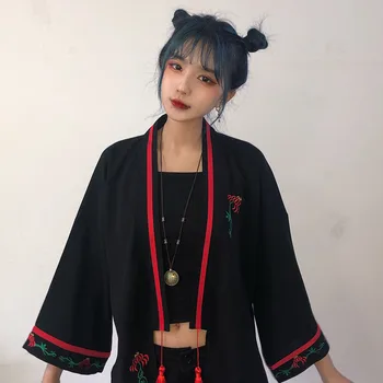 Harajuku Kimono Ženy, Blúzky, Kvetinové Výšivky Strapec Príležitostné Voľné Cardigan Summer Black Outwear