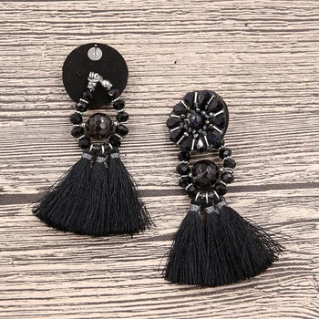 Vintage Čierna Strapec náušnice Pre Ženy Živice Korálky Veľké Náušnice Ratan Crystal Trendy Earing boucles d oreille femme