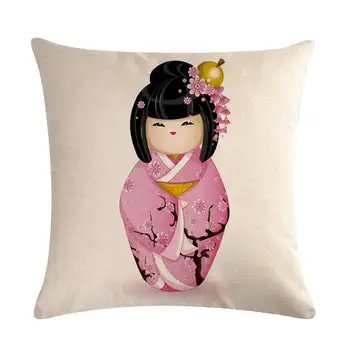 Japonský Štýl Geisha Kimono Bábika Bavlnené Obliečky Vankúš Auto Stoličky Domov Gauč Námestie Dekorácie Vankúš 45x45CM