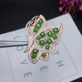 Prírodný zelený jaspis gem Elegantné Luxusné Motýľ brošňa Prívesok prírodný drahokam brošňa S925 striebro ženy darček jemné šperky