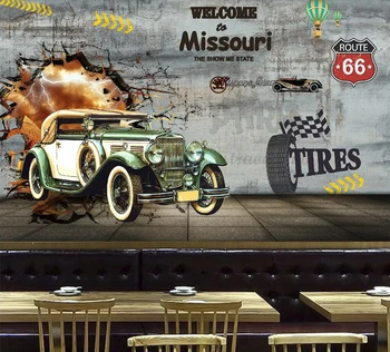 Obchodné tapety Nostalgické retro auto cez stenu, bar, reštaurácia, 3D pozadia na stenu