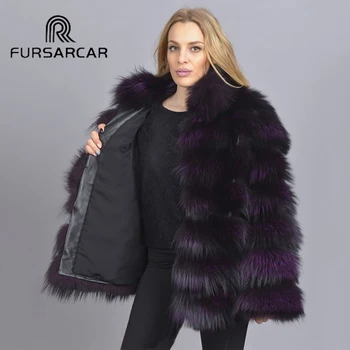 FURSARCAR Luxusné Nové Módne Reálne Kožušinový Kabát Ženy Prírodné Fox Kožušiny Outwear Populárne Fialová Farba Zimná Bunda S Kožušinou Golier