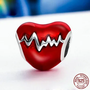 DOYUBO Módy Nové 925 Sterling Silver Srdce Kúzlo S Červeným Smaltom Elektrokardiogram Tvar Krásne Strieborné DIY Perličiek Šperky ADD026