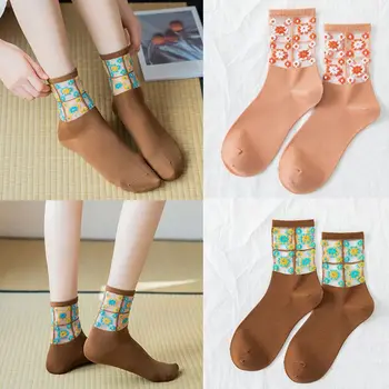 Ženy Daisy Kvetinový Patchwork Členkové Ponožky Transparentné Oka Žakárové Trubice pančuchový tovar D08E