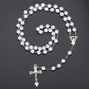 QIGO Biele Plastové Ruženec Náhrdelník Kríž Náboženské Šperky