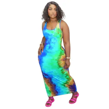Bežné tie dye multicolor tlač voľné letné šaty módne U-krku bez rukávov žien Vesta dlhé sukne