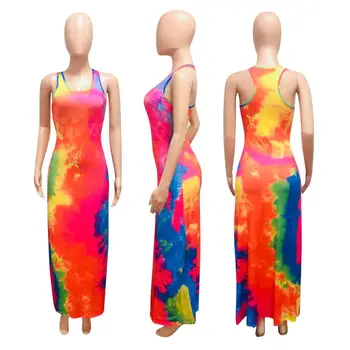 Bežné tie dye multicolor tlač voľné letné šaty módne U-krku bez rukávov žien Vesta dlhé sukne