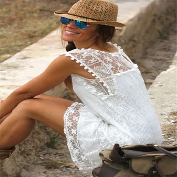 Ženy Pevné Biele Čipky Plážové Šaty, Sexy Duté Out Plus Veľkosť Mini Šaty Letné Vestidos 2021 Nový Príchod