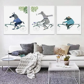 ISTÝ ŽIVOT Nordic Krásne Zvieratá Medveď Zebra, Jazda na Bicykli Plátne Obrazy Plagát, Tlač Wall Art Obrázky Pre Dieťa Izba Domova