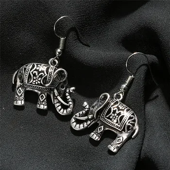 1Pair Tibetského Striebra Farba Duté Sa Vyrezávané Zviera Slon Drop Visieť Módne Vintage Náušnice Ženy Šperky