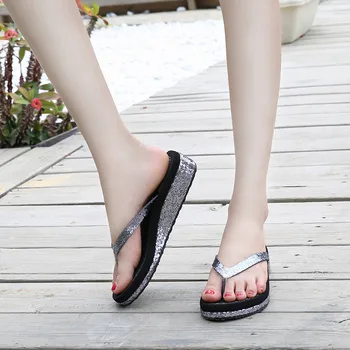 YAERNIFashion Ženy Drahokamu Klinu Náklonu Sandále Lady Bežné Platformu Flip Flops Papuče