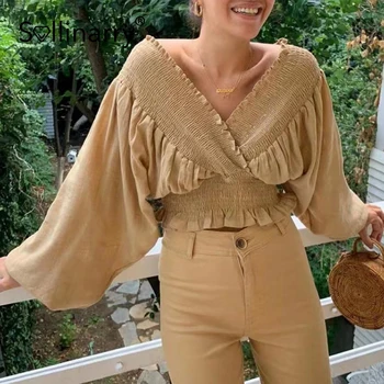 Sollinarry Ruffed tvaru mimo ramenný klasická blúzka ženy Voľné bežné pevné Sexy tričko dlhý rukáv retro košele streetwear