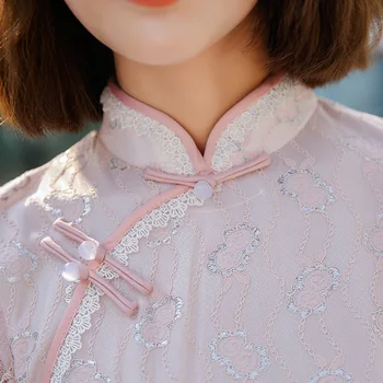 Čipky Výrez Shanghai Štýl Qipao Lady Cheongsam Krátke, Tesné Elegantné Šaty Ružové Striebro Rukávy Vintage Nevesta Dvojvrstvové Sukne