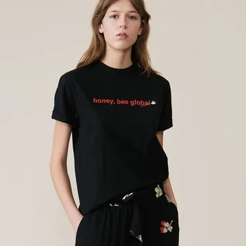 Ženy Letné Čierne Slim Bavlna List Vytlačiť T-Shirt Dámy Módne Farbou Plus Veľkosť Tees Ženy Značky Bežné Topy ZM384
