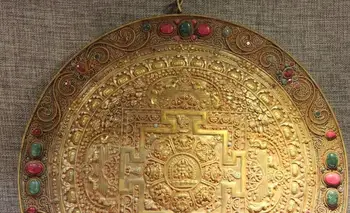 14 Tibete Budhizmus Striebra, Pozlátený, Vložka Ruby Beryl Osem pokladov Mandala Thangka