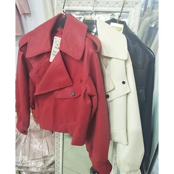 Kožené dámske krátke Star Pu lokomotíva kožená bunda kórejský voľné Klope červený kabát trend na jar a na jeseň faux kožené