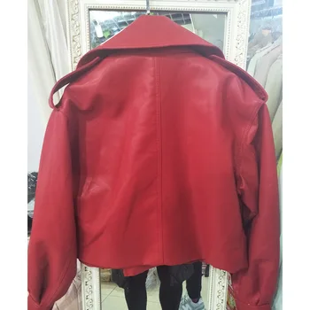Kožené dámske krátke Star Pu lokomotíva kožená bunda kórejský voľné Klope červený kabát trend na jar a na jeseň faux kožené