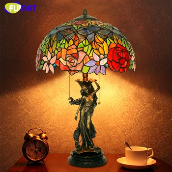 FUMAT Sklo Art stolná Lampa Európskom štýle Medi vitráže Lampy, Obývacia Izba Svietidlá Spálňa Nočný Stolík Lampa