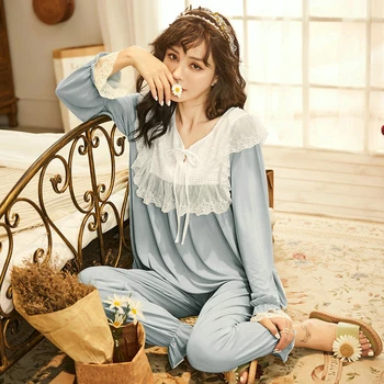 Jesenné a zimné dámske čipky luk módne pyžamá palác štýl sladké mäkké dlhé rukávy domov služby vyhovovali JJF0193