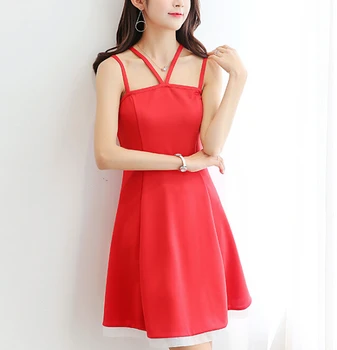 Kórejský Šaty Žien Odevy Bez Rukávov Roztomilý Sexy Letné Šaty Špagety Popruh Lomka Krku Šaty Black Red Vestidos