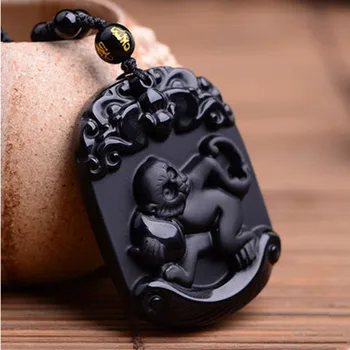 Prírodné Čierna Obsidián Prívesok Vyrezávané Čínskeho Zverokruhu Inteligentné Opice Prívesok Perličiek Náhrdelník Lucky Amulet Mužov, Žien Šperky