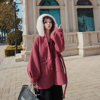 Real shot voľné vlnené kabát pre ženy, malé žena jeseň / zima 2020 new college štýl veľké vlny golier ťažký kabát vlnené