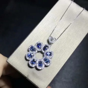 Prírodné blue sapphire náhrdelník prívesok S925 prírodné striebro prívesok módne kolo Sun flower priateľka narodeniny darček šperky