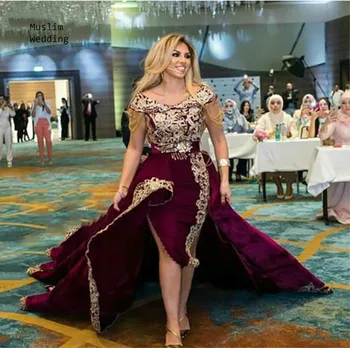 Elegantné Krátke Večerné Šaty S Dlhými Odnímateľný Vlak Arabčina Dubaj Formálne Večerné Šaty 2020 Plus Veľkosť Zlato Appliques Prom Šaty