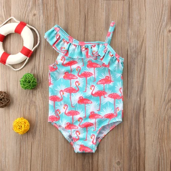 2018 Letné Baby Girl Plavky Jednodielne Pop Flamingo Tlač Prehrabať Jediný Ramenný Plavky Deti Plavky Plavky