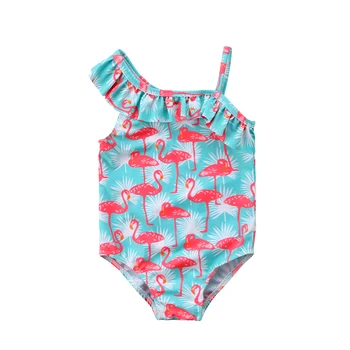 2018 Letné Baby Girl Plavky Jednodielne Pop Flamingo Tlač Prehrabať Jediný Ramenný Plavky Deti Plavky Plavky