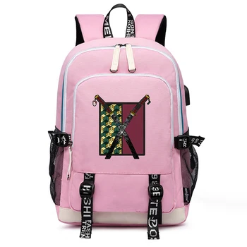 Kimetsu č Yaiba Anime Školské Tašky Démon Vrah Chlapci Dievčatá Ružové Roztomilý Bookbag Oxford Ženy Cestovať Späť Pack USB Notebook Backpack