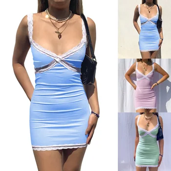 Ženy Farbou Čipky Výbava Mini Šaty Letné Šatka V Krku Bodycon Jeden Kusy Tela Šaty Holiday Beach Bežné Sundress 2021