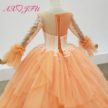 AXJFU luxusné princezná lištovanie crystal kvet oranžový čipky ručné o krk dlhý svetlice rukáv nevesta svadobné šaty reálne fotografie