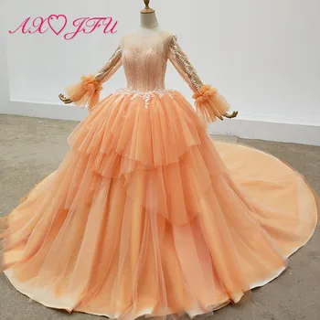AXJFU luxusné princezná lištovanie crystal kvet oranžový čipky ručné o krk dlhý svetlice rukáv nevesta svadobné šaty reálne fotografie