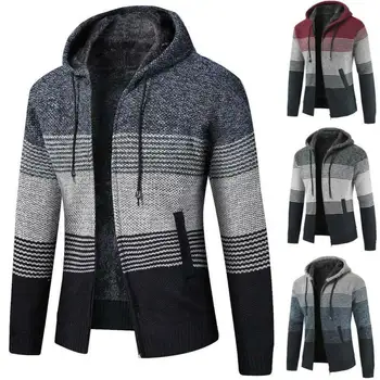 Mens Sveter 2020 Cardiagns Zips Farba Blok Long Sleeve Hooded Jacket Zimné Oblečenie Mens Jumper Sveter Teplé Kabáty