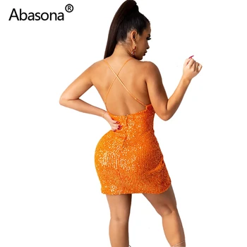 Abasona Black Orange Sequined Nepravidelný Bodycon Mini Šaty Party Club Backless Zabalené Predné Ženy Lete 2021 Popruhy Vestidos