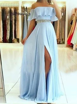 Jedinečné Svetlo Modrá Prom Šaty S Rozparky Ramena Korálkové Elegantné Dlhé Večerné Party Šaty Na Promócie Dátum 2019 Šaty
