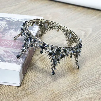 Barokový Princezná Ručné Black Crystal Veľké Kolo Koruny Tiara Svadobné Vlasy, Šperky, Svadobné Doplnky Do Vlasov Čelenky Pre Ženy