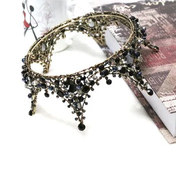 Barokový Princezná Ručné Black Crystal Veľké Kolo Koruny Tiara Svadobné Vlasy, Šperky, Svadobné Doplnky Do Vlasov Čelenky Pre Ženy