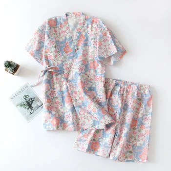 -Krátke rukávy Šortky Kimono Pyžamo dámske Letné Bavlna Pijamas Para Mujer Dusená Oblečenie dvojdielne Pyžamo Šortky